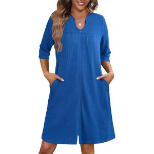 Ekouaer Zipper Robes for Women 3/4 Sleeve Waffle Knit Bathrobe Lightweight Short Housecoat with Pockets Soft Loungewear(Blue)