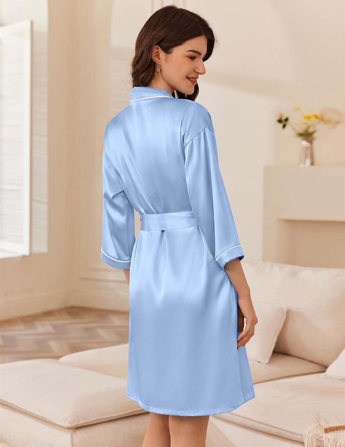 imageEkouaer Women Satin Robe Set 2 Piece Silky Nightgown with Robes Bride Bridesmaid Bathrobe Sexy Sleepwear with PocketsLight Blue