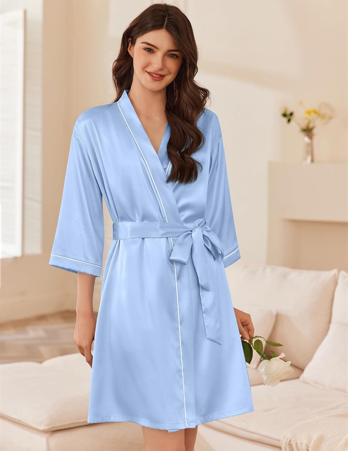 imageEkouaer Women Satin Robe Set 2 Piece Silky Nightgown with Robes Bride Bridesmaid Bathrobe Sexy Sleepwear with PocketsLight Blue