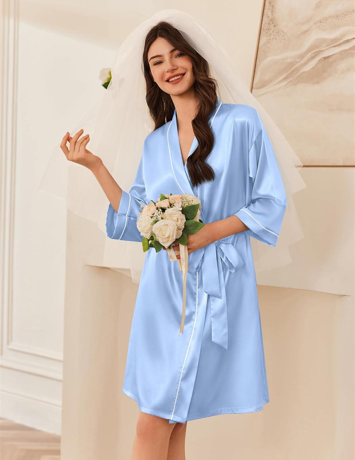 imageEkouaer Women Satin Robe Set 2 Piece Silky Nightgown with Robes Bride Bridesmaid Bathrobe Sexy Sleepwear with PocketsLight Blue