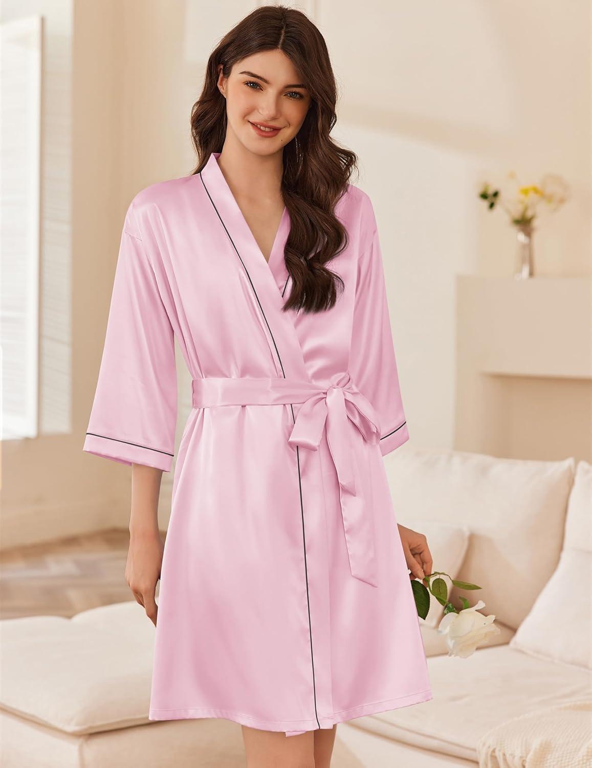 imageEkouaer Women Satin Robe Set 2 Piece Silky Nightgown with Robes Bride Bridesmaid Bathrobe Sexy Sleepwear with PocketsMisty Rose