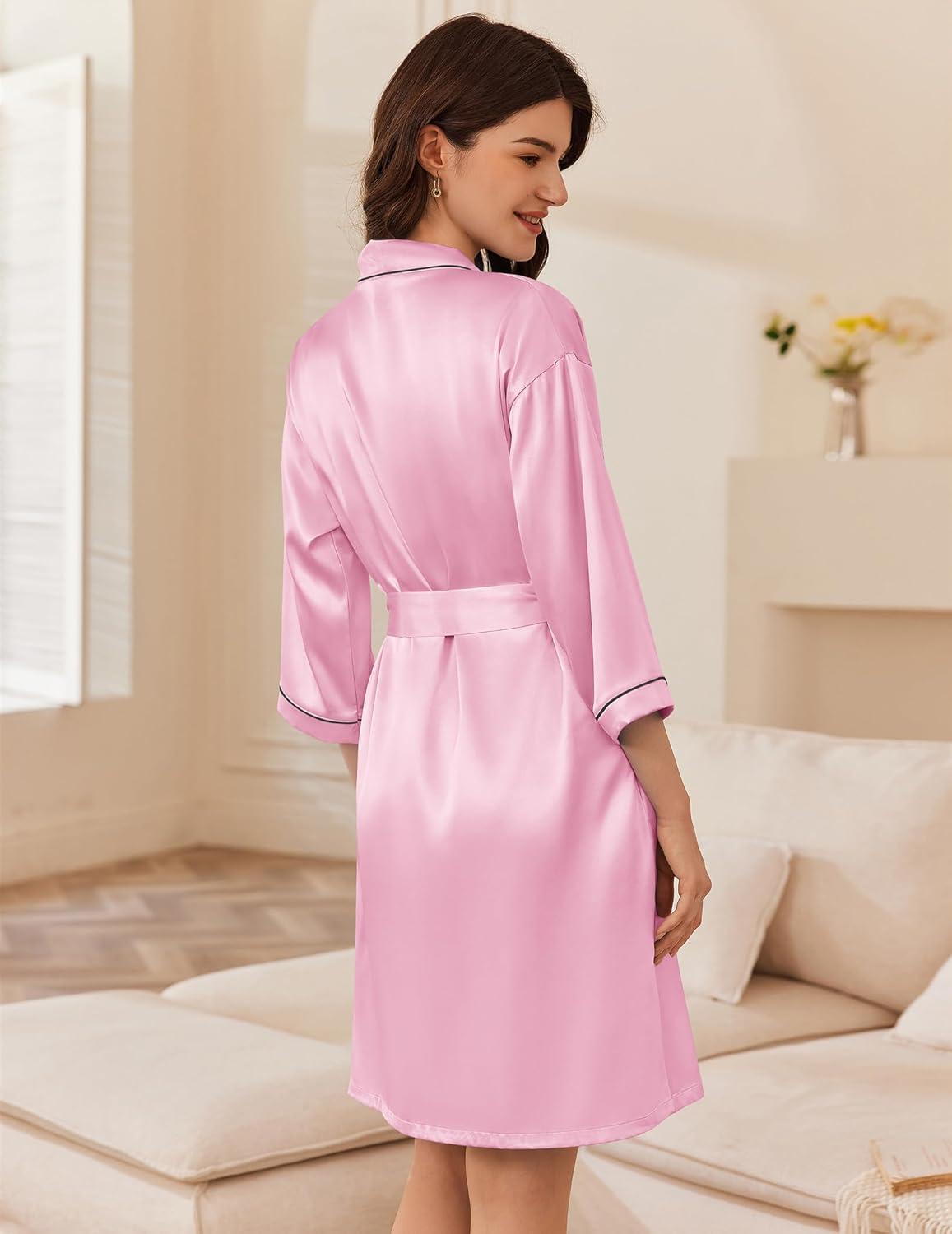 imageEkouaer Women Satin Robe Set 2 Piece Silky Nightgown with Robes Bride Bridesmaid Bathrobe Sexy Sleepwear with PocketsMisty Rose