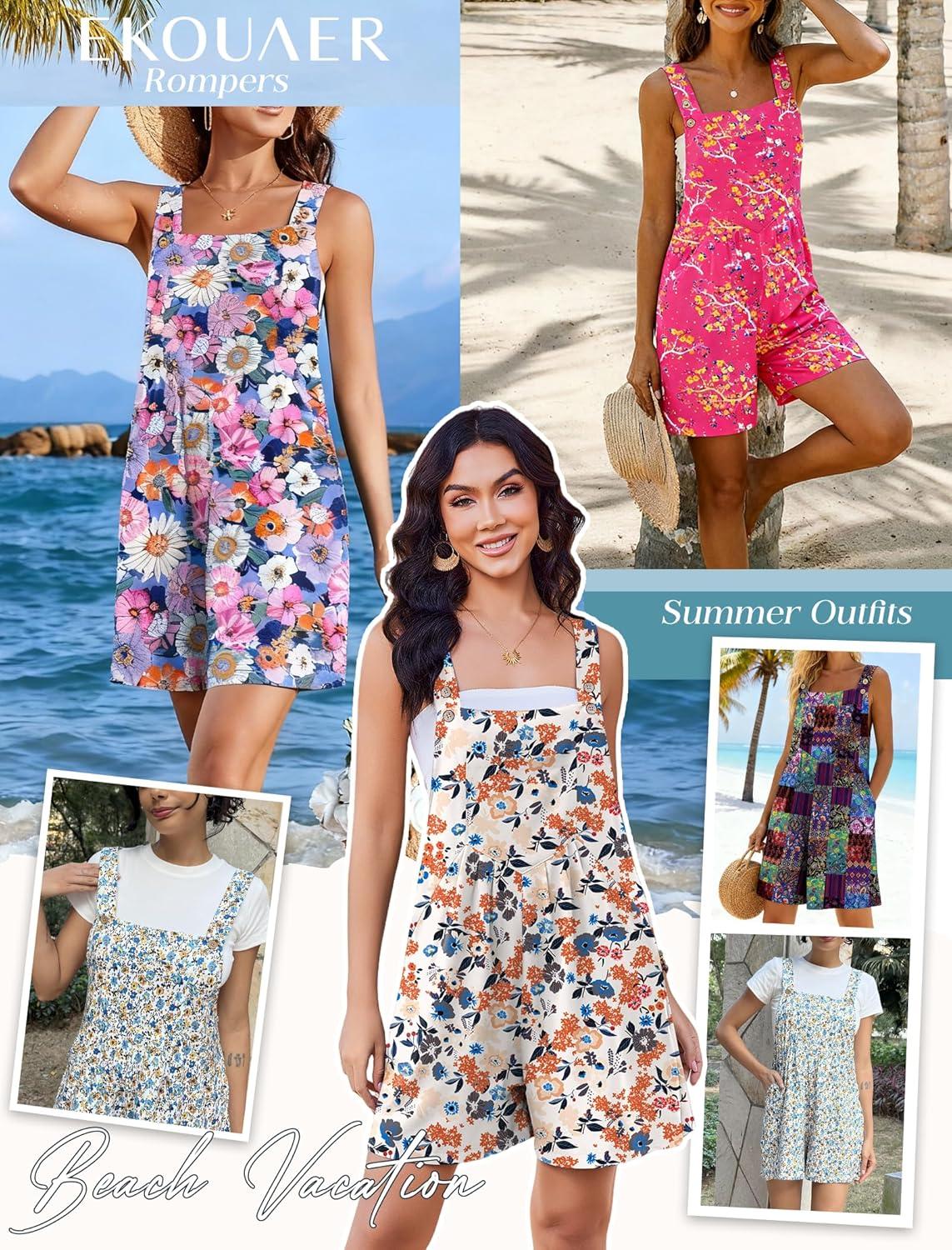 imageEkouaer Womens Overalls Summer Rompers Sleeveless Short Jumpsuits Casual Beach Vacation Outfits with PocketsFloral Rose