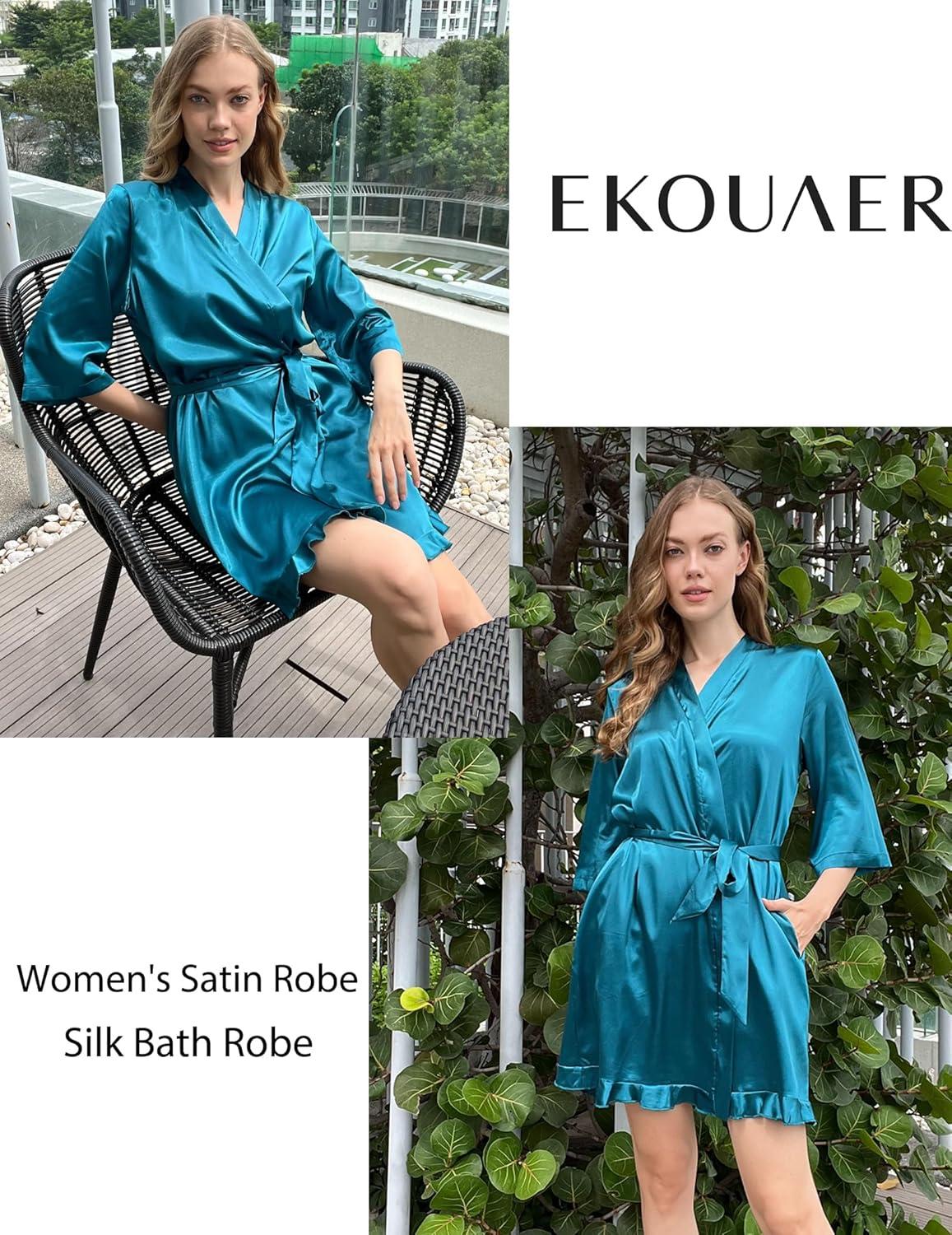 imageEkouaer Womens Satin Kimono Robes Bridesmaid Wedding Robes Silky Bathrobes Summer Loungewear with Pockets