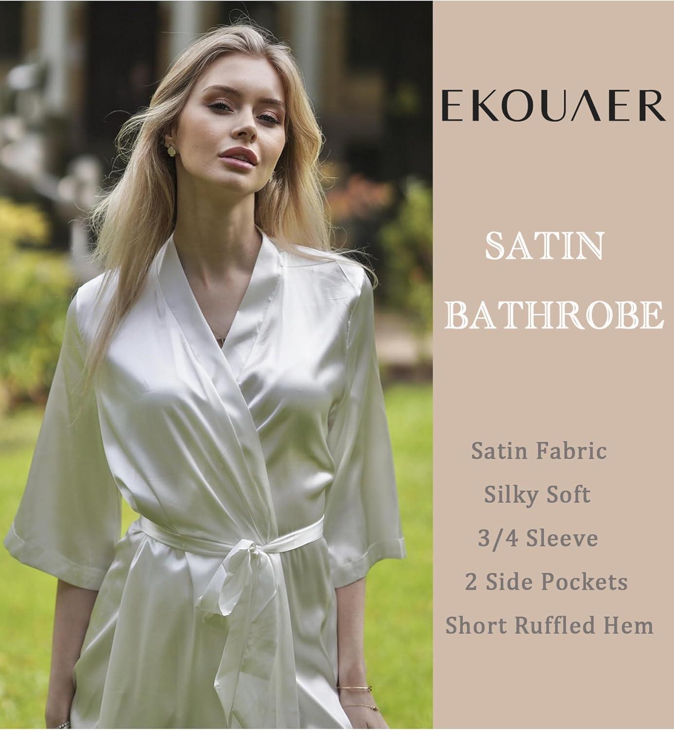 imageEkouaer Womens Short Silk Robes Bride Bridesmaid Kimono Satin Bathrobe V Neck 34 Sleeve Sleepwear with Pockets