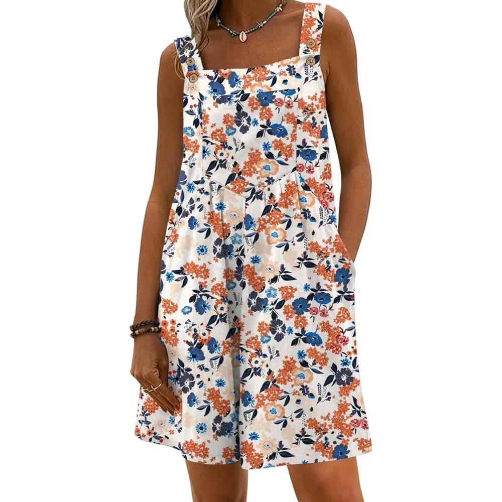 imageEkouaer Womens Overalls Summer Rompers Sleeveless Short Jumpsuits Casual Beach Vacation Outfits with PocketsFloral Orange