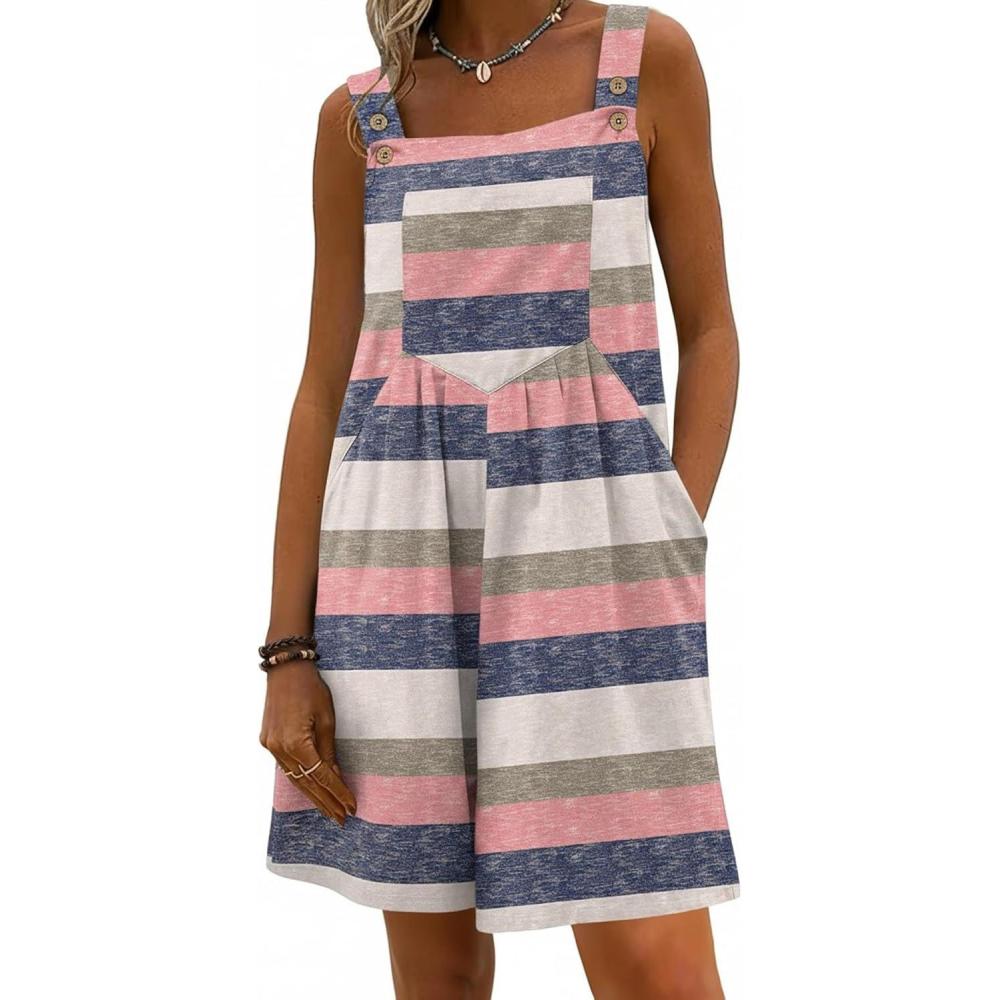 imageEkouaer Womens Overalls Summer Rompers Sleeveless Short Jumpsuits Casual Beach Vacation Outfits with PocketsPink Stripe