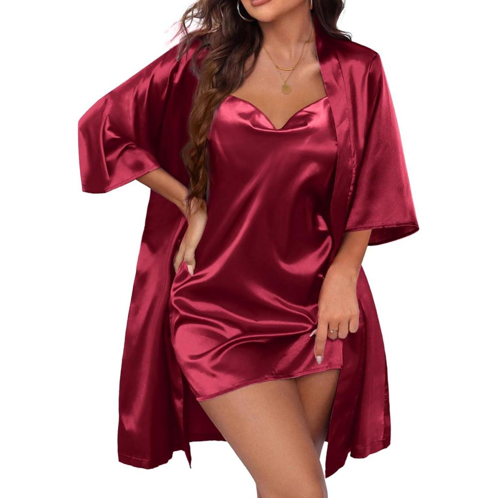 imageEkouaer Womens Satin Robe Set Nightgown with Robes Silk Pajama Set 2 Pieces Lingerie Cowl Neck Cami Sleepwear Sets