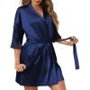 Ekouaer Women’s Satin Robes Sexy Lace Cami Nightwear Silk Bridesmaid Lingerie Kimono 3/4 Sleeve Sleepwear(Navy Blue)