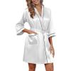Ekouaer Women’s Silk Robe Satin Knee Length Bride Bridesmaid Wedding Party Bathrobe Lightweight Sexy Sleepwear with Pockets White L