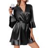 Ekouaer Womens Silk Robes Black Bridesmaids Wedding Robe 3/4 Sleeve Ruffled Short Bathrobes Kimono Bride Satin Bathrobes Black S