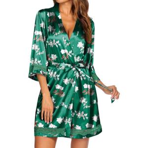Ekouaer Women’s Lace-Trim Silk Robes Bride Bridesmaid Kimono Satin Bathrobe V Neck Sleepwear with 3/4 Sleeve(Green Floral)
