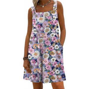 Ekouaer Womens Overalls Summer Rompers Sleeveless Short Jumpsuits Casual Beach Vacation Outfits with Pockets(Floral Light Purple)