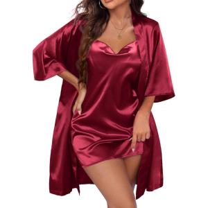 Ekouaer Women’s Satin Robe Set Nightgown with Robes Silk Pajama Set 2 Pieces Lingerie Cowl Neck Cami Sleepwear Sets