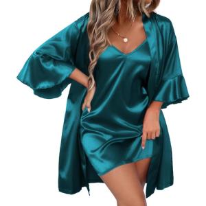 Ekouaer Women’s Satin Robe Set V-neck 2 Piece Silk Bathrobe Set Bridal Party Robes (Dark Green, Medium)