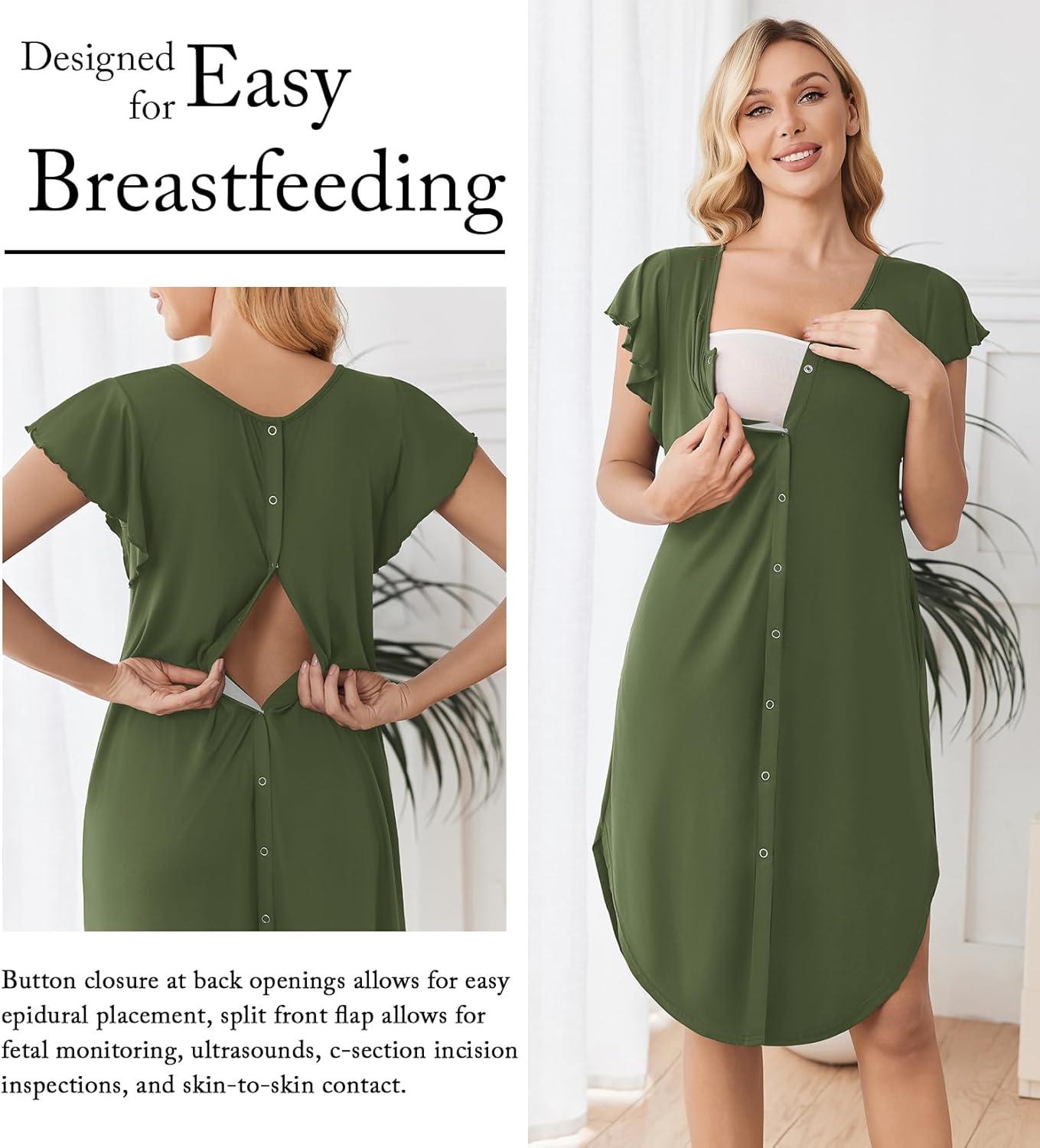 imageEkouaer Labor and Delivery Gown 3 in 1 NursingHospitalBreastfeedingMaternity Flying Short Sleeve Nightgown with ButtonArmy Green