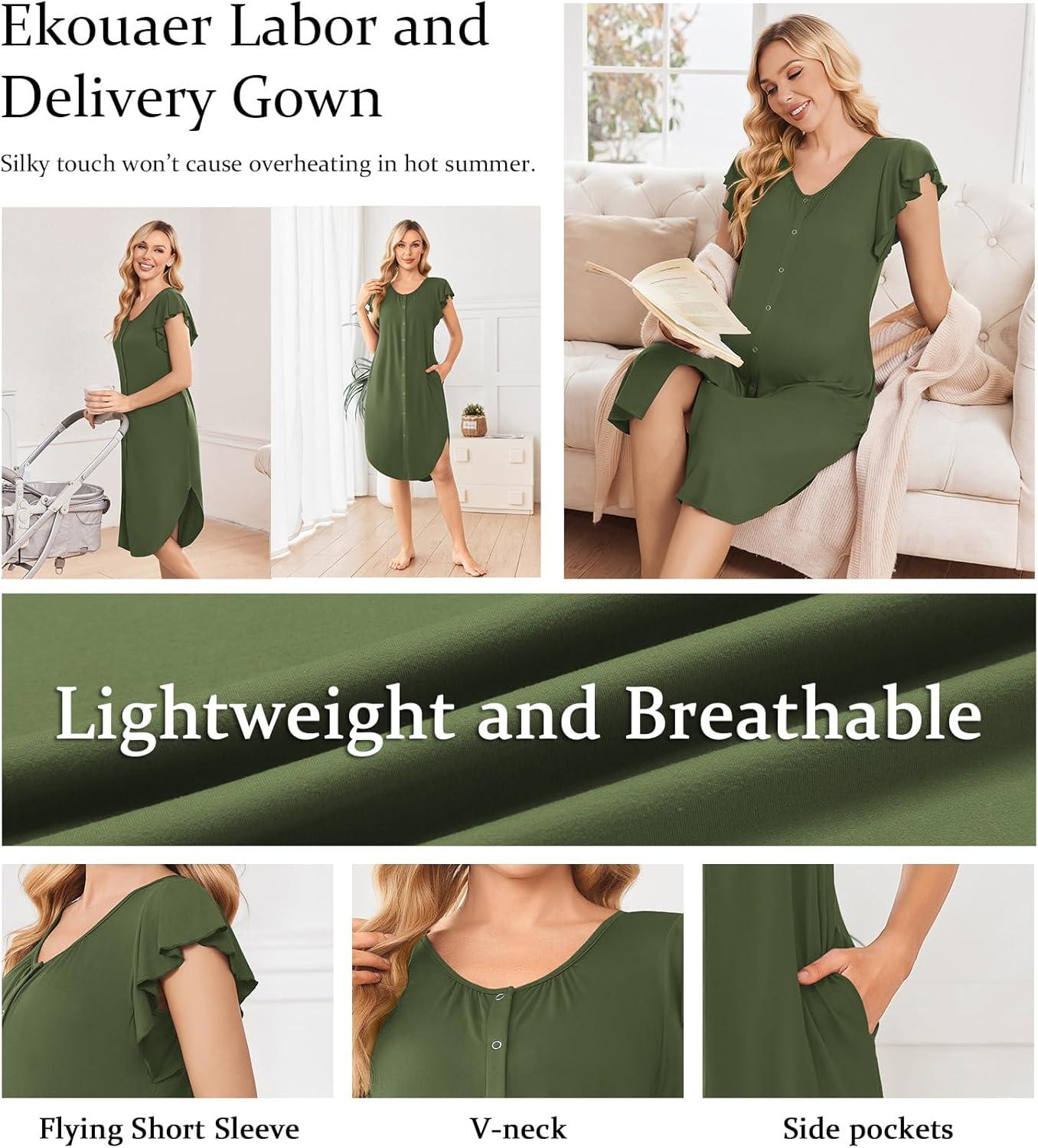 imageEkouaer Labor and Delivery Gown 3 in 1 NursingHospitalBreastfeedingMaternity Flying Short Sleeve Nightgown with ButtonArmy Green