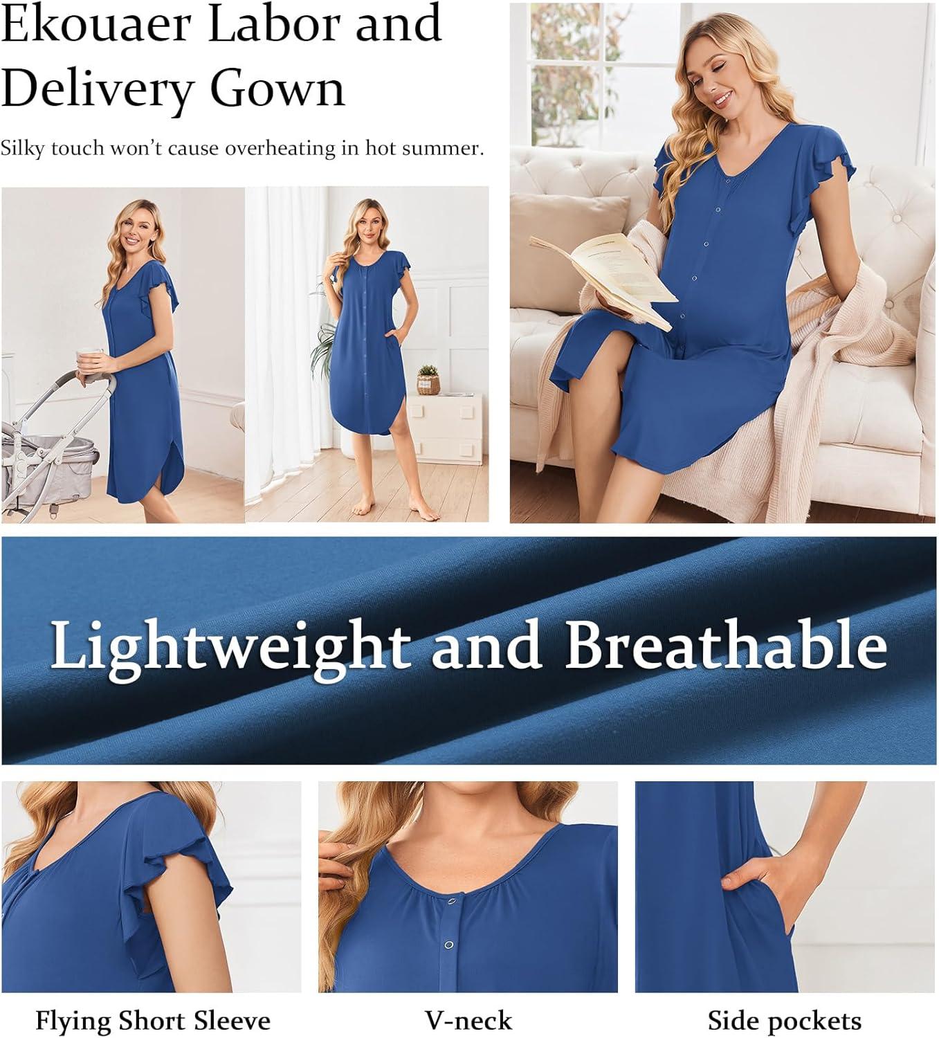 imageEkouaer Labor and Delivery Gown 3 in 1 NursingHospitalBreastfeedingMaternity Flying Short Sleeve Nightgown with ButtonDark Blue
