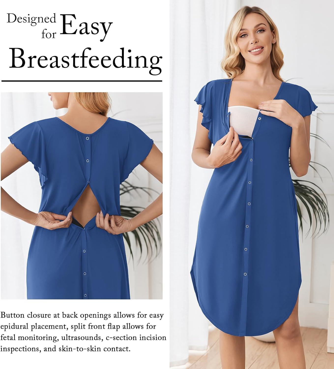 imageEkouaer Labor and Delivery Gown 3 in 1 NursingHospitalBreastfeedingMaternity Flying Short Sleeve Nightgown with ButtonDark Blue