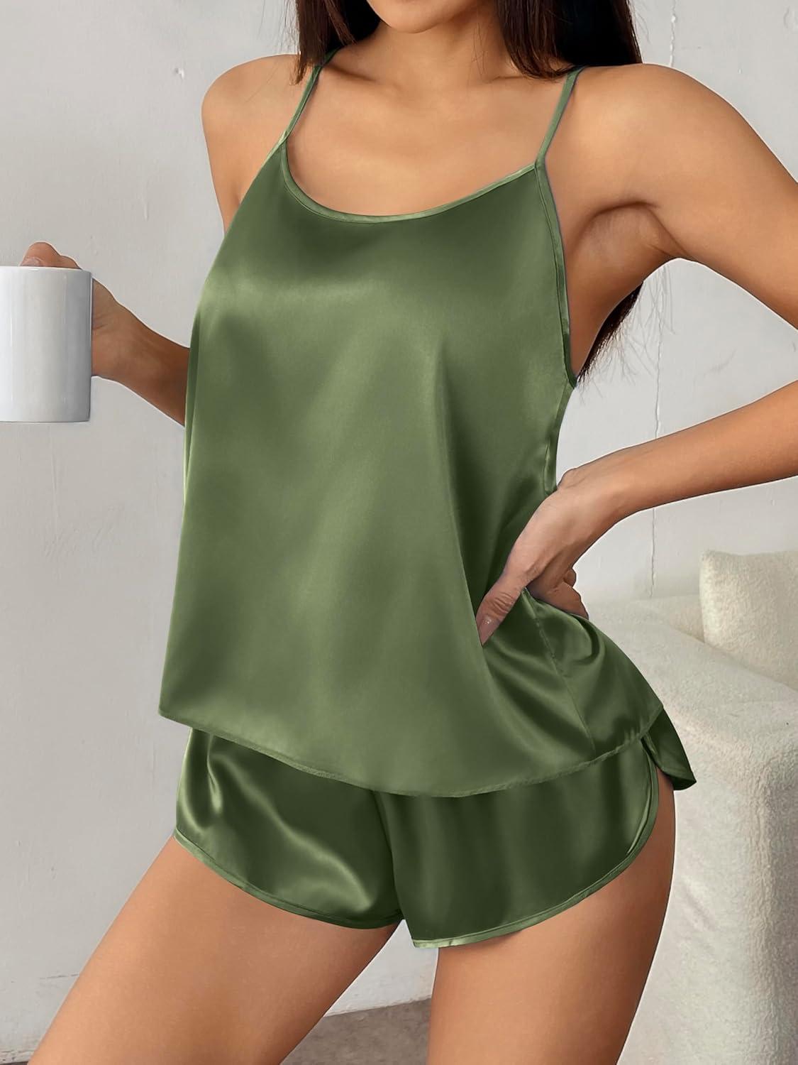 imageEkouaer Silk Pajamas Set for Women Satin Backless Lingerie Pjs Cami Top and Shorts NightwearNoble Army Green