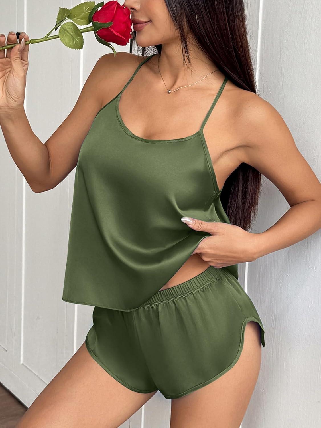 imageEkouaer Silk Pajamas Set for Women Satin Backless Lingerie Pjs Cami Top and Shorts NightwearNoble Army Green