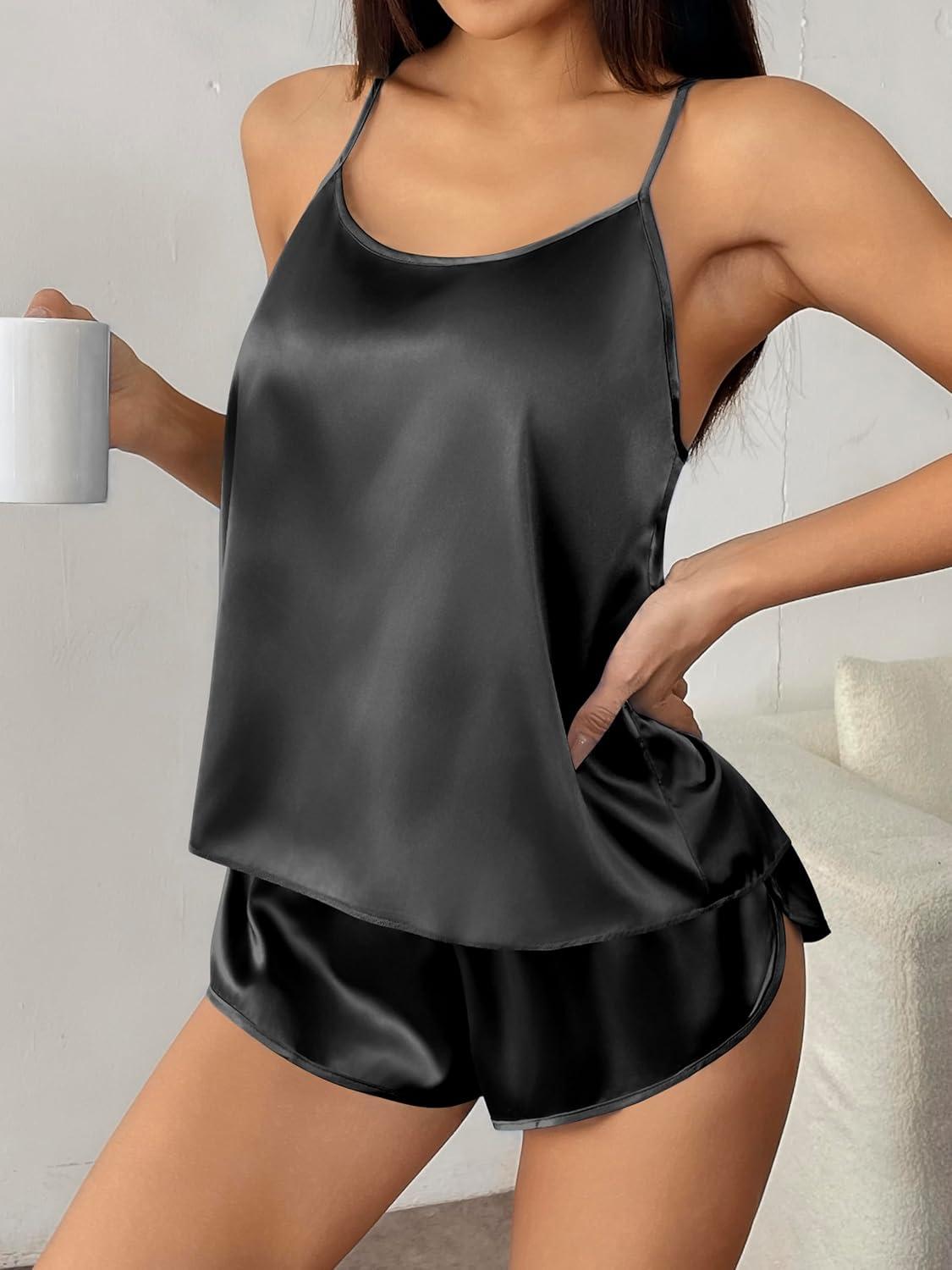 imageEkouaer Silk Pajamas Set for Women Satin Backless Lingerie Pjs Cami Top and Shorts NightwearNoble Black