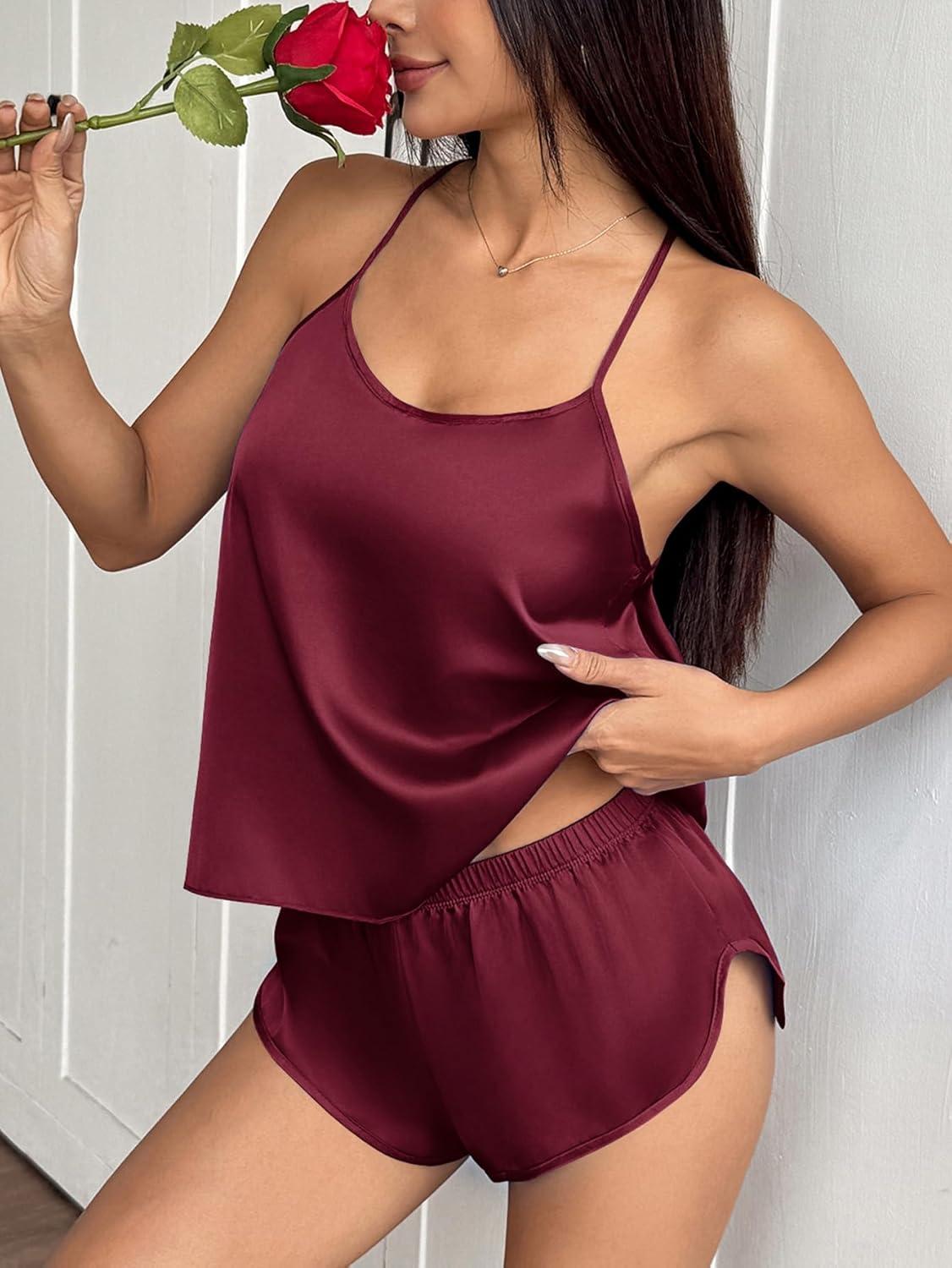 imageEkouaer Silk Pajamas Set for Women Satin Backless Lingerie Pjs Cami Top and Shorts NightwearNoble Dark Red
