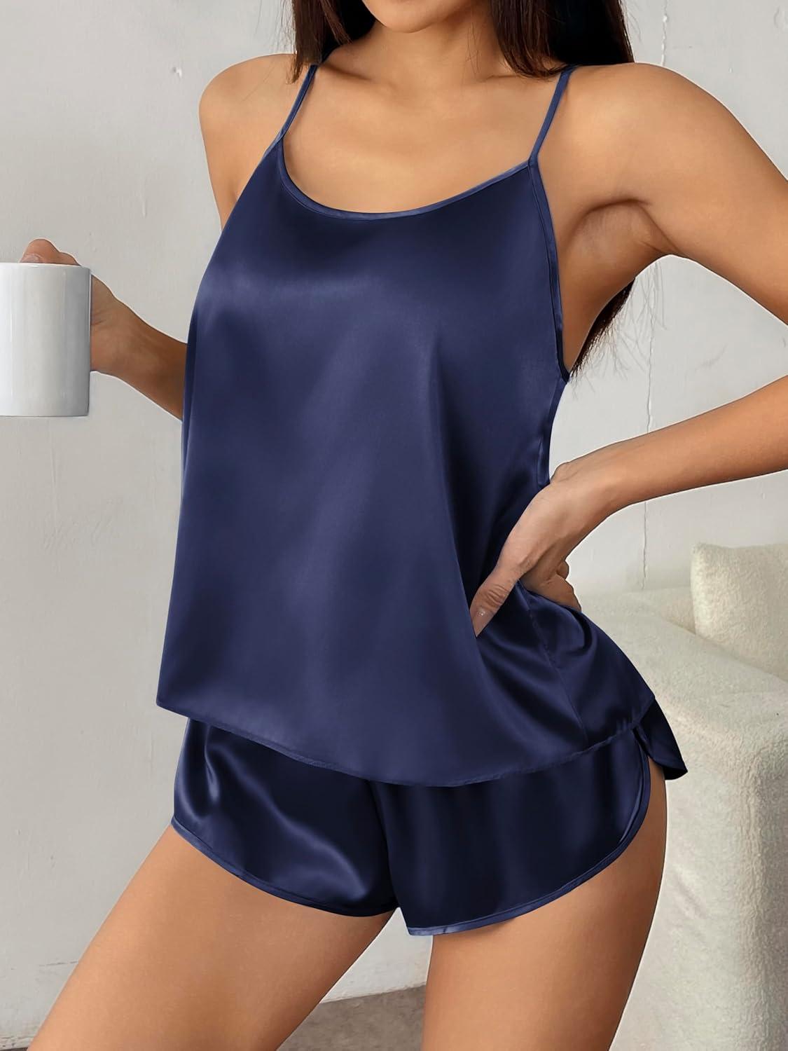 imageEkouaer Silk Pajamas Set for Women Satin Backless Lingerie Pjs Cami Top and Shorts NightwearNoble Navy