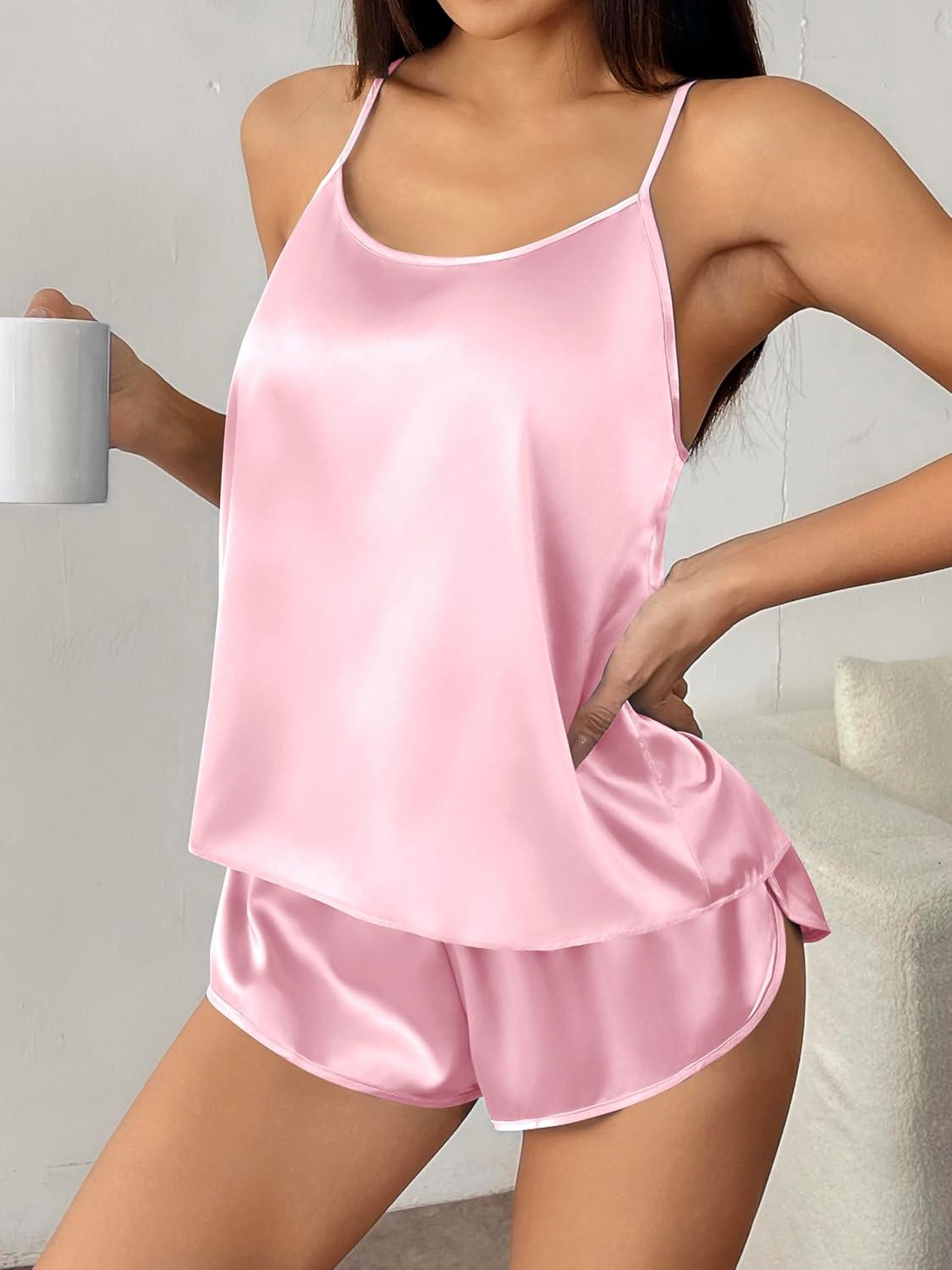 imageEkouaer Silk Pajamas Set for Women Satin Backless Lingerie Pjs Cami Top and Shorts NightwearNoble Pink