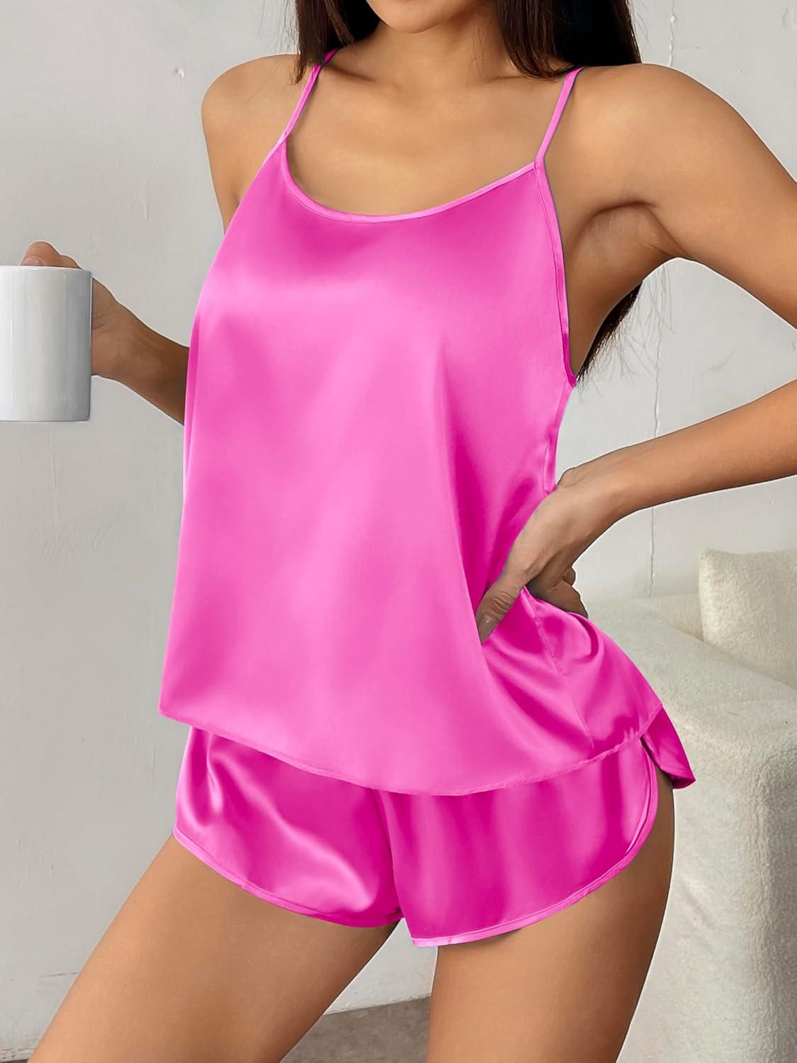 imageEkouaer Silk Pajamas Set for Women Satin Backless Lingerie Pjs Cami Top and Shorts NightwearNoble Rose Red
