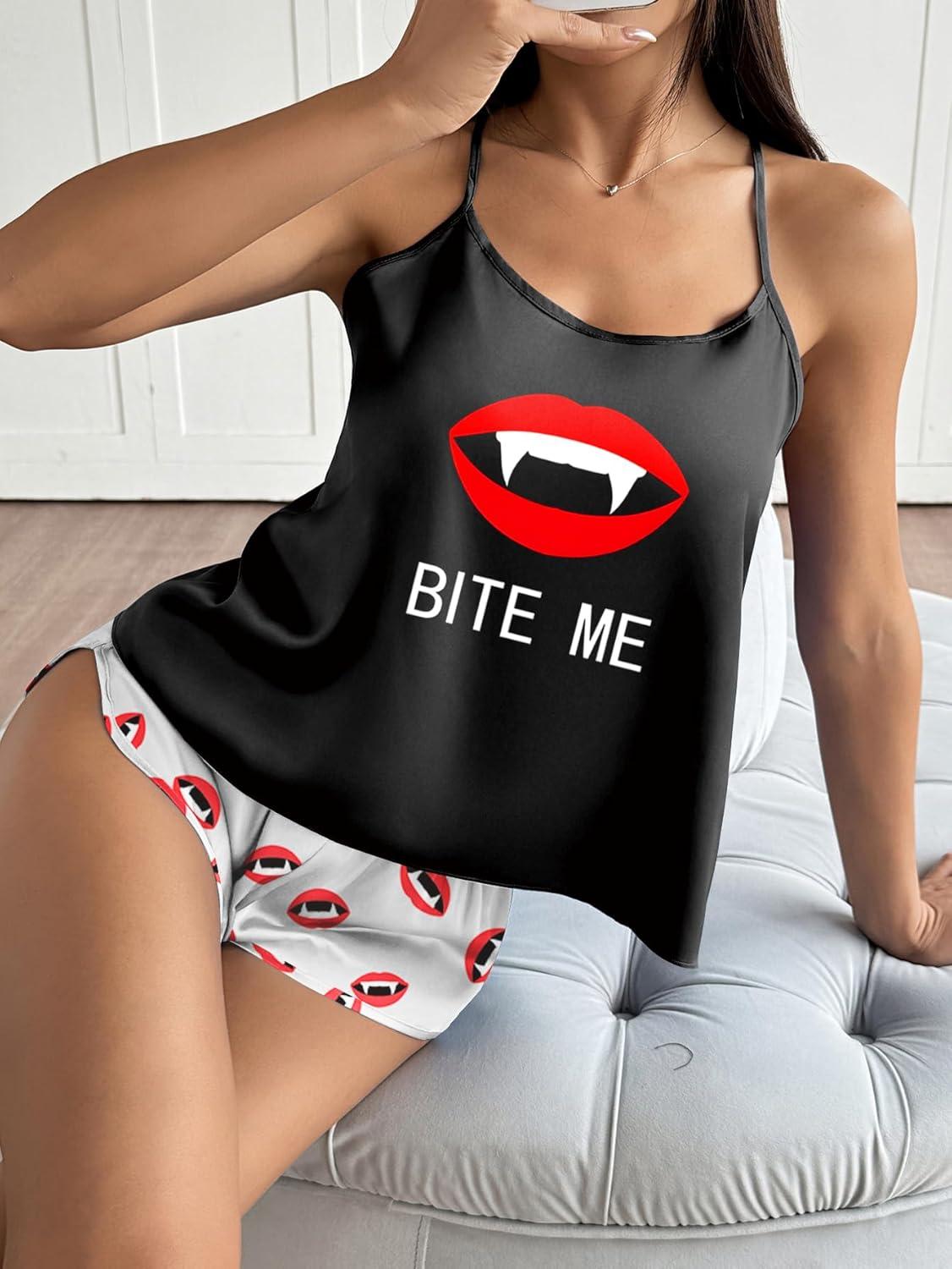 imageEkouaer Silk Pajamas Set for Women Satin Backless Lingerie Pjs Cami Top and Shorts NightwearPrintbite Lip Red