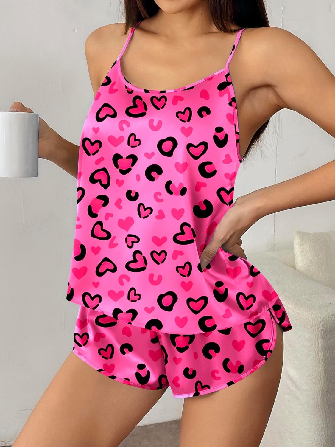 imageEkouaer Silk Pajamas Set for Women Satin Backless Lingerie Pjs Cami Top and Shorts NightwearPrintblackpink Leopard