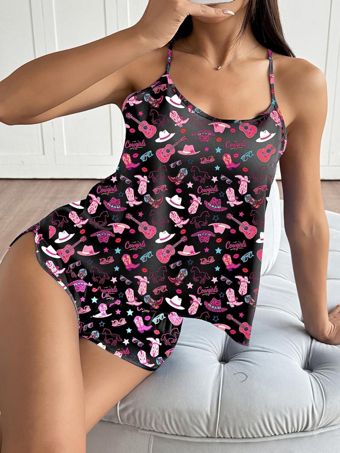 imageEkouaer Silk Pajamas Set for Women Satin Backless Lingerie Pjs Cami Top and Shorts NightwearPrintchaos Hearts