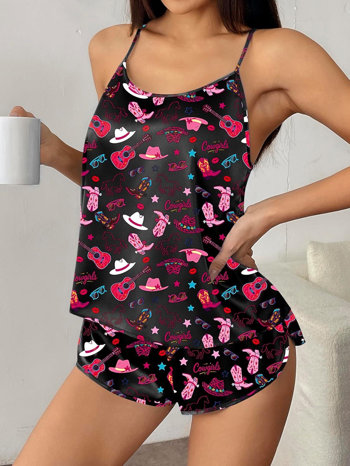 imageEkouaer Silk Pajamas Set for Women Satin Backless Lingerie Pjs Cami Top and Shorts NightwearPrintchaos Hearts