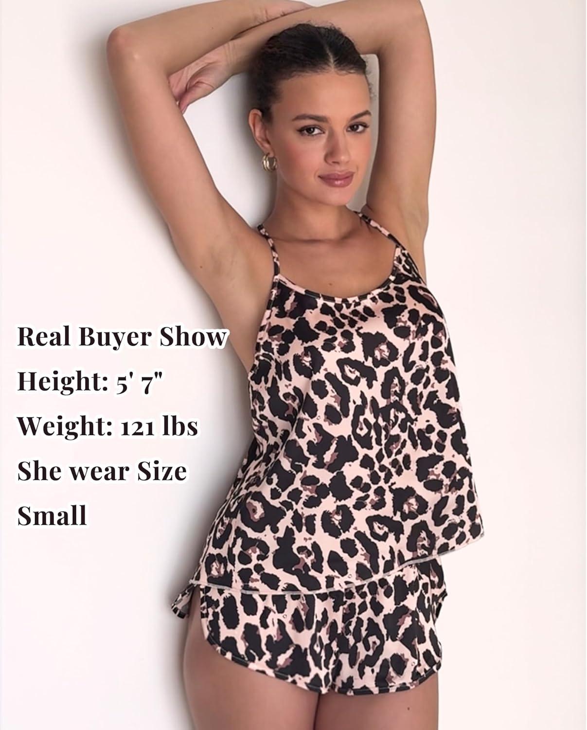 imageEkouaer Silk Pajamas Set for Women Satin Backless Lingerie Pjs Cami Top and Shorts NightwearPrintclassic Leopard