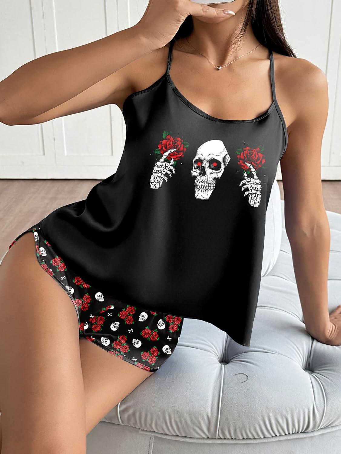 imageEkouaer Silk Pajamas Set for Women Satin Backless Lingerie Pjs Cami Top and Shorts NightwearPrintgothic Rose