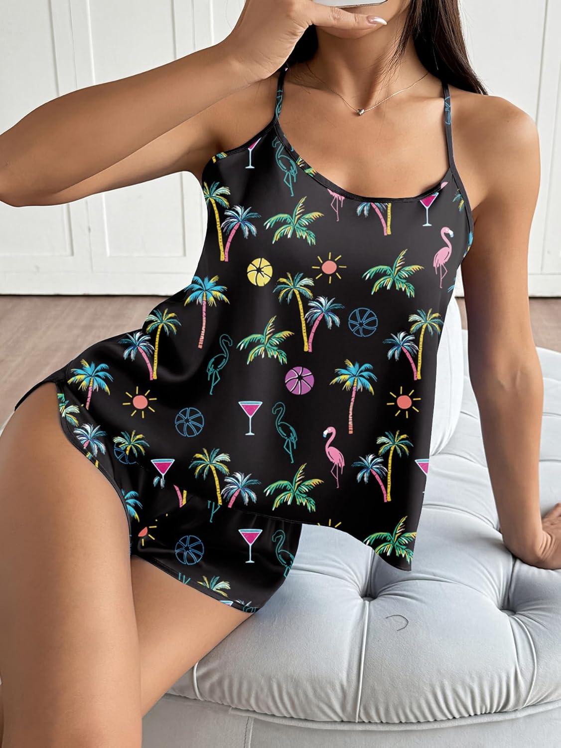 imageEkouaer Silk Pajamas Set for Women Satin Backless Lingerie Pjs Cami Top and Shorts NightwearPrintneon Tropic