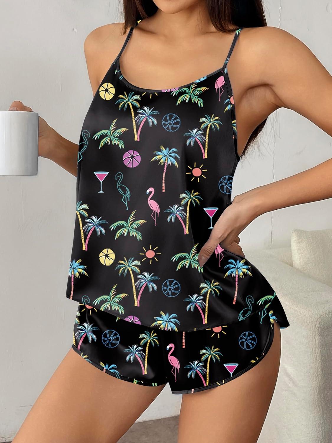 imageEkouaer Silk Pajamas Set for Women Satin Backless Lingerie Pjs Cami Top and Shorts NightwearPrintneon Tropic