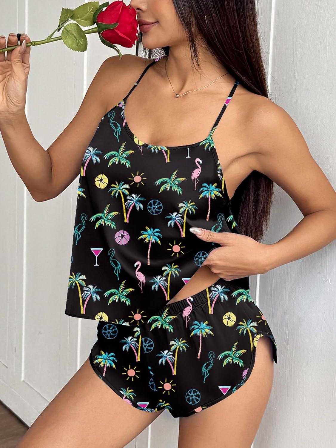 imageEkouaer Silk Pajamas Set for Women Satin Backless Lingerie Pjs Cami Top and Shorts NightwearPrintneon Tropic