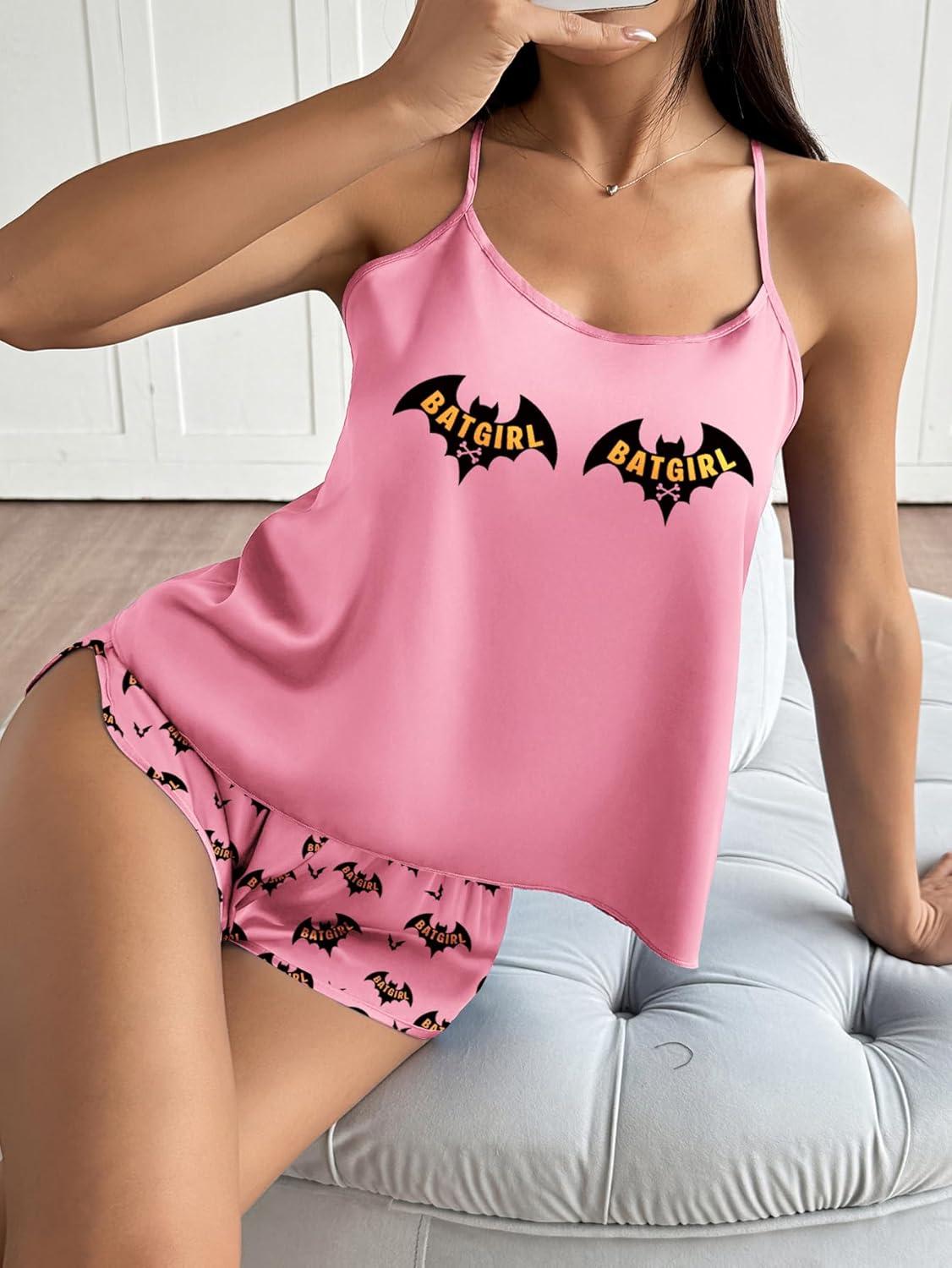 imageEkouaer Silk Pajamas Set for Women Satin Backless Lingerie Pjs Cami Top and Shorts NightwearPrintpink Bat