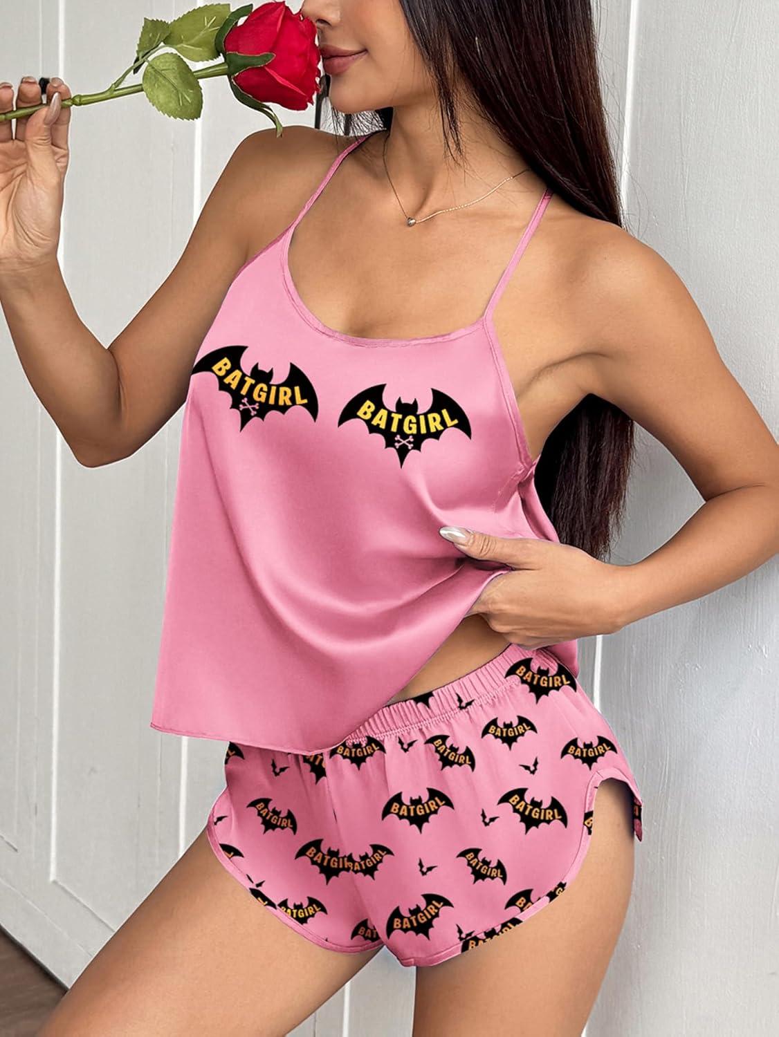 imageEkouaer Silk Pajamas Set for Women Satin Backless Lingerie Pjs Cami Top and Shorts NightwearPrintpink Bat