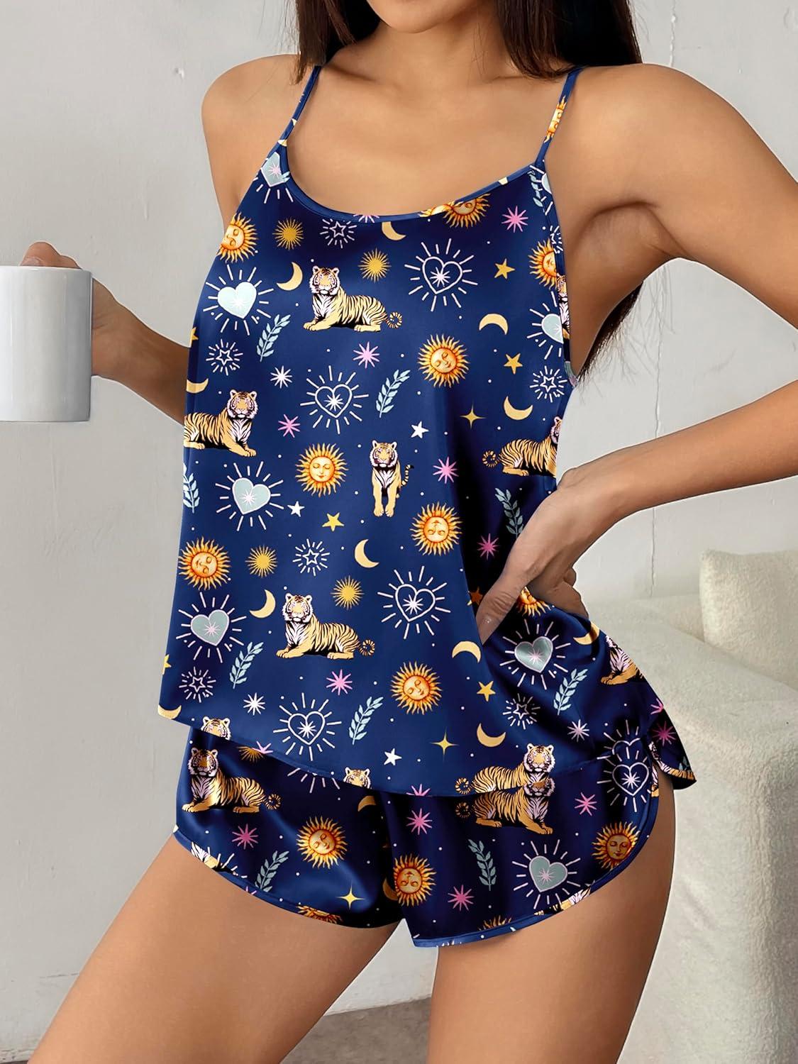 imageEkouaer Silk Pajamas Set for Women Satin Backless Lingerie Pjs Cami Top and Shorts NightwearPrinttigerMoonSunStar