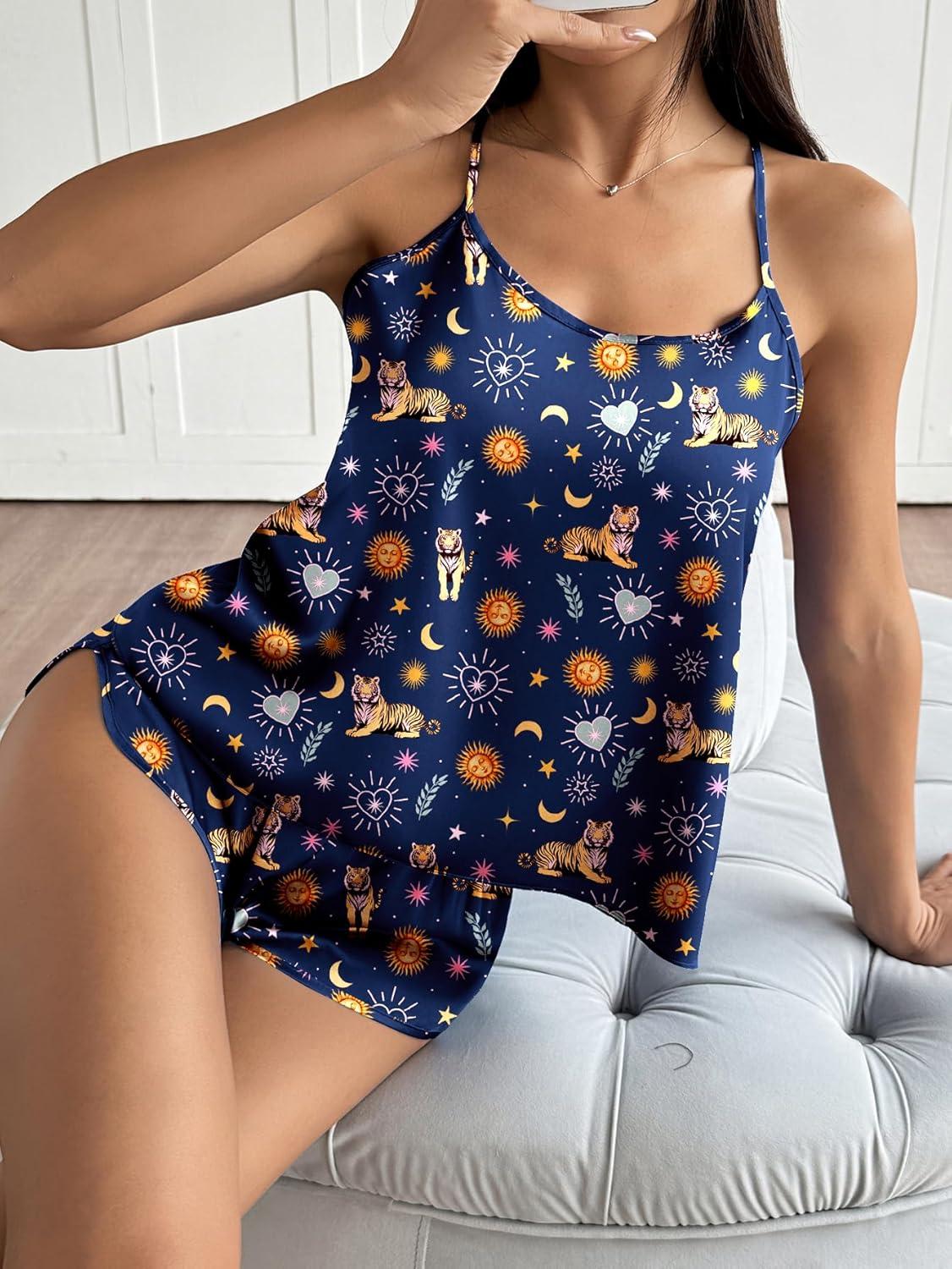 imageEkouaer Silk Pajamas Set for Women Satin Backless Lingerie Pjs Cami Top and Shorts NightwearPrinttigerMoonSunStar