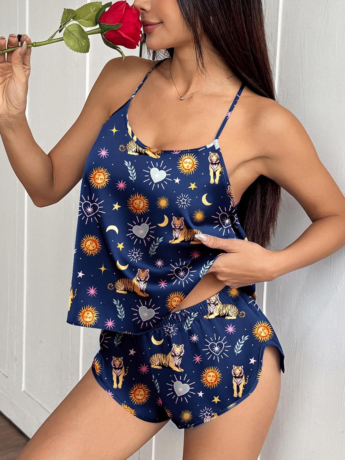 imageEkouaer Silk Pajamas Set for Women Satin Backless Lingerie Pjs Cami Top and Shorts NightwearPrinttigerMoonSunStar