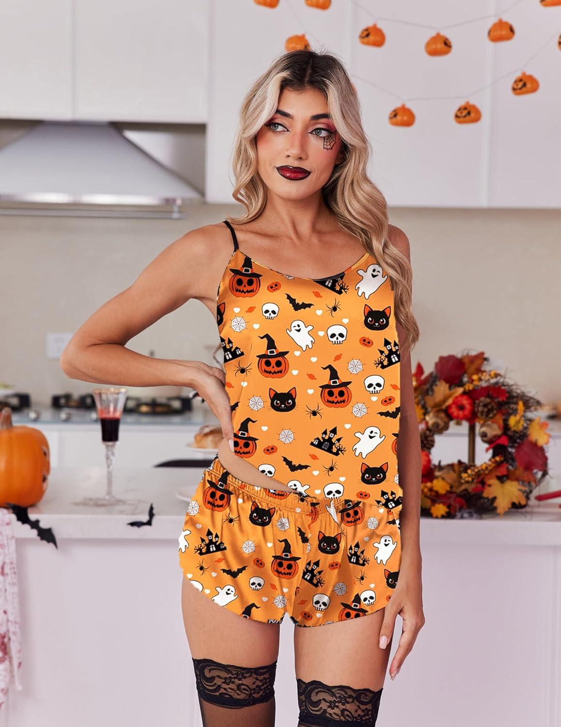 imageEkouaer Silk Pajamas Set for Women Satin Backless Lingerie Pjs Cami Top and Shorts NightwearPumpkin