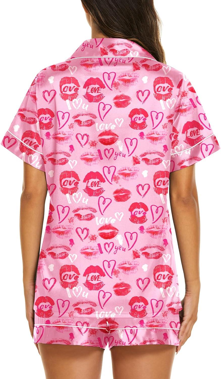 imageEkouaer Silk Pajamas for Women Short Sleeve Sleepwear Soft Button Down Loungewear 2 Piece Satin Pjs Shorts SetPink Heart