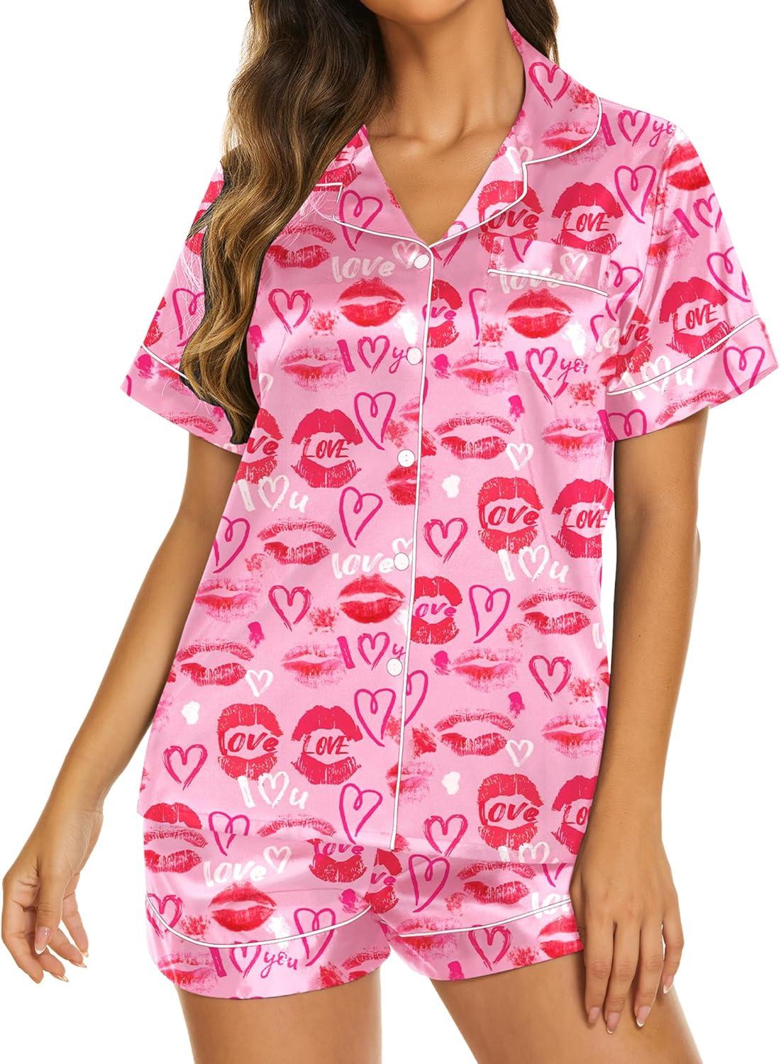 imageEkouaer Silk Pajamas for Women Short Sleeve Sleepwear Soft Button Down Loungewear 2 Piece Satin Pjs Shorts SetPink Heart