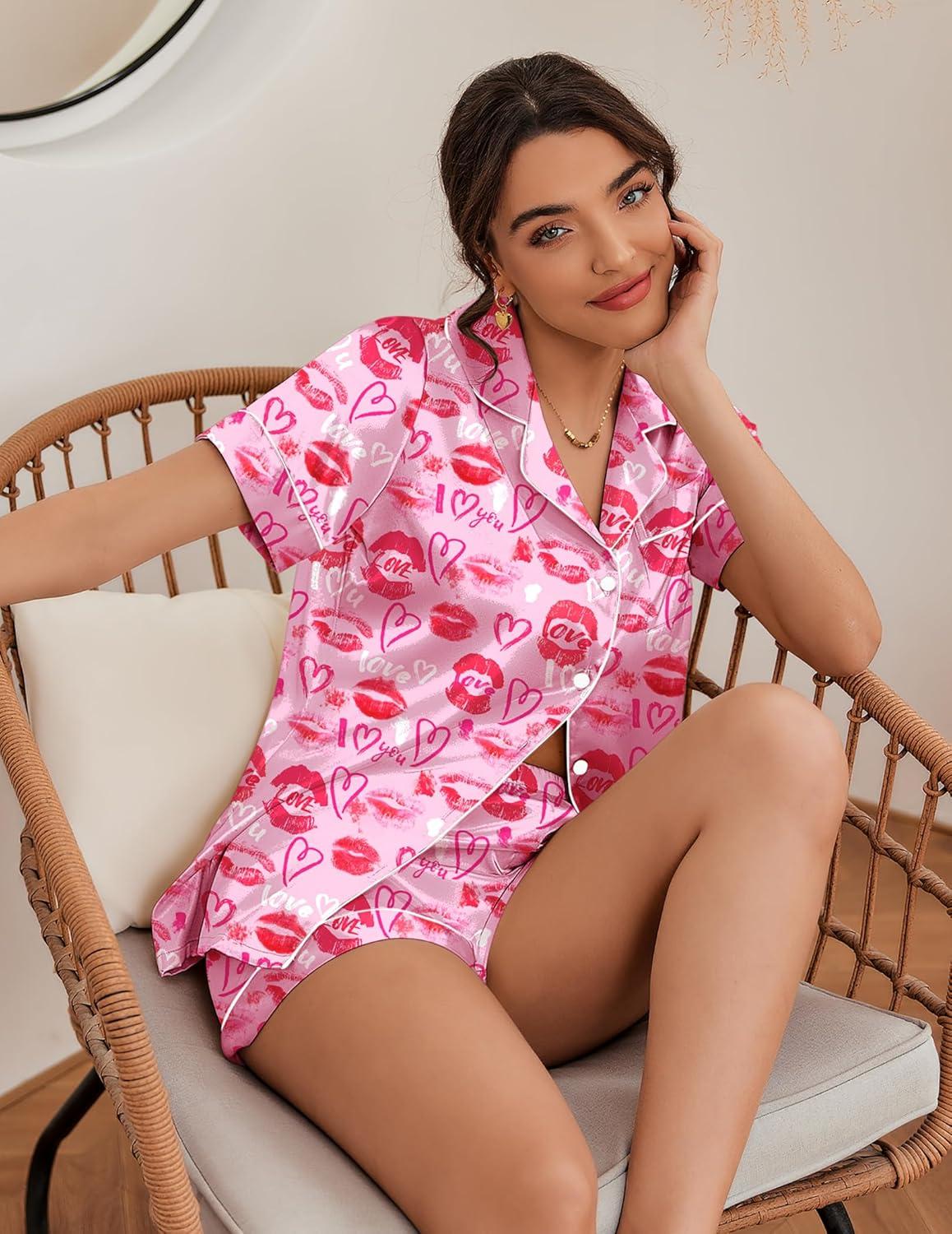 imageEkouaer Silk Pajamas for Women Short Sleeve Sleepwear Soft Button Down Loungewear 2 Piece Satin Pjs Shorts SetPink Heart