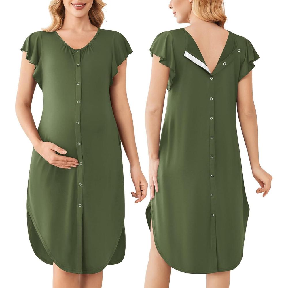 imageEkouaer Labor and Delivery Gown 3 in 1 NursingHospitalBreastfeedingMaternity Flying Short Sleeve Nightgown with ButtonArmy Green