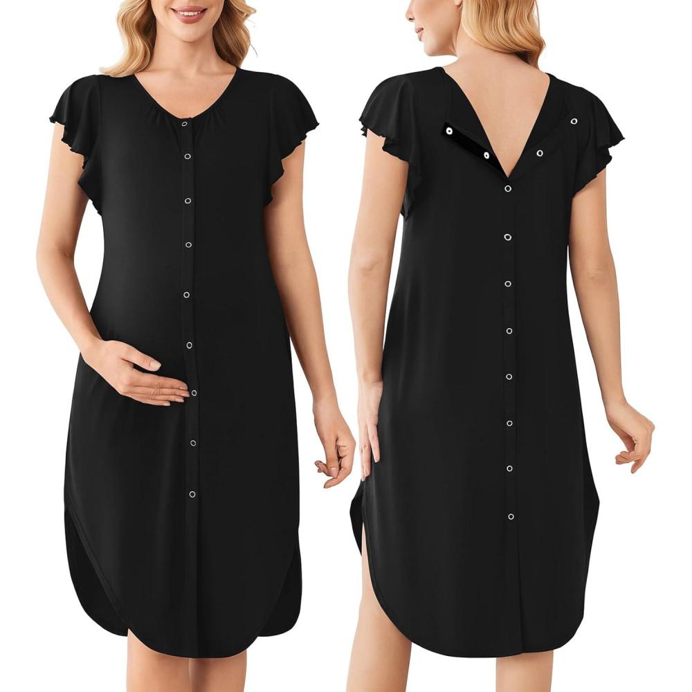 imageEkouaer Labor and Delivery Gown 3 in 1 NursingHospitalBreastfeedingMaternity Flying Short Sleeve Nightgown with ButtonBlack